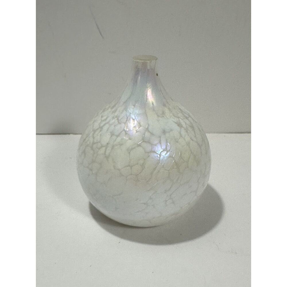 Art Glass White Iridescent Ball Oil Lamp Vase Signed & Dated 96 No Wick Gorgeous